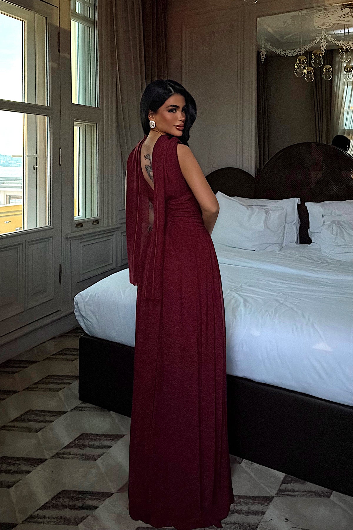 Burgundy Gathered Detail Dress