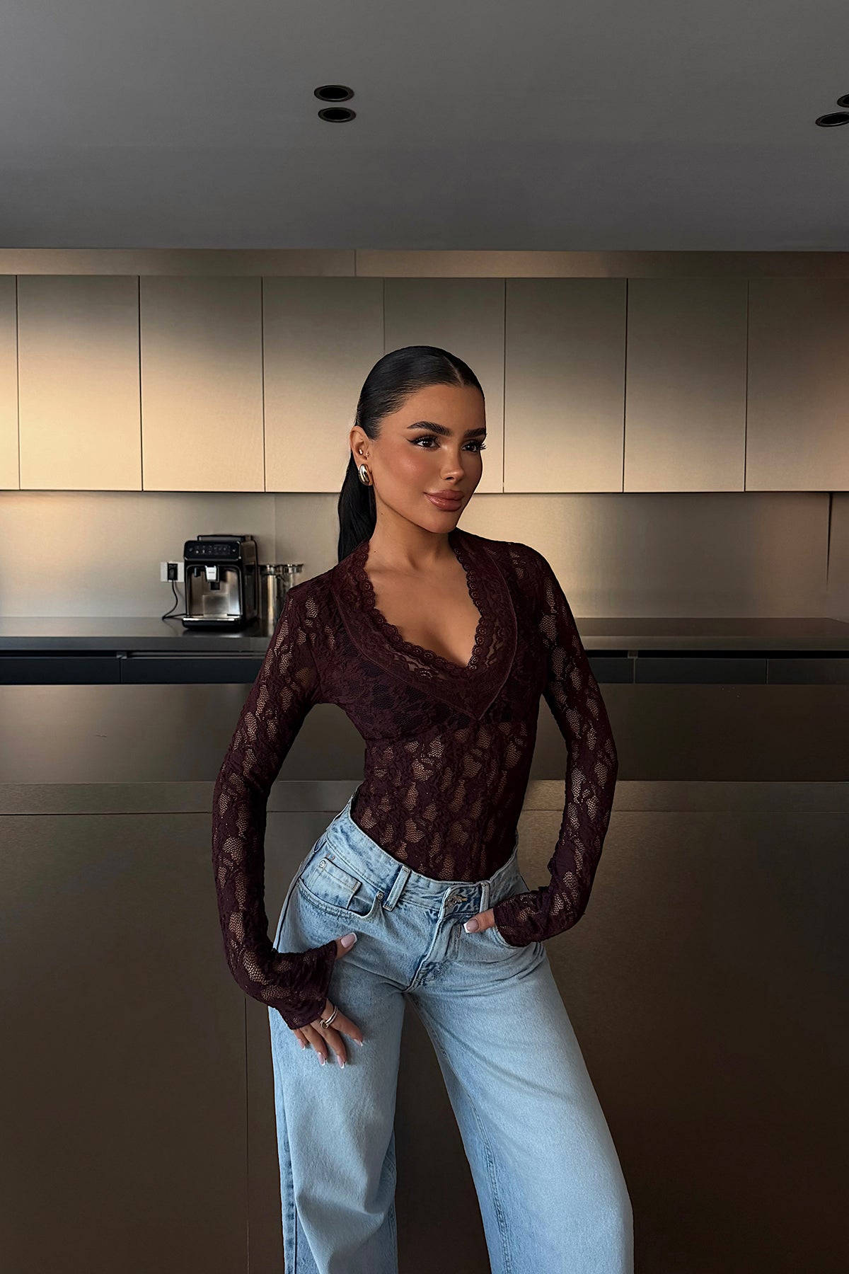 Burgundy Transparent Lace Blouse