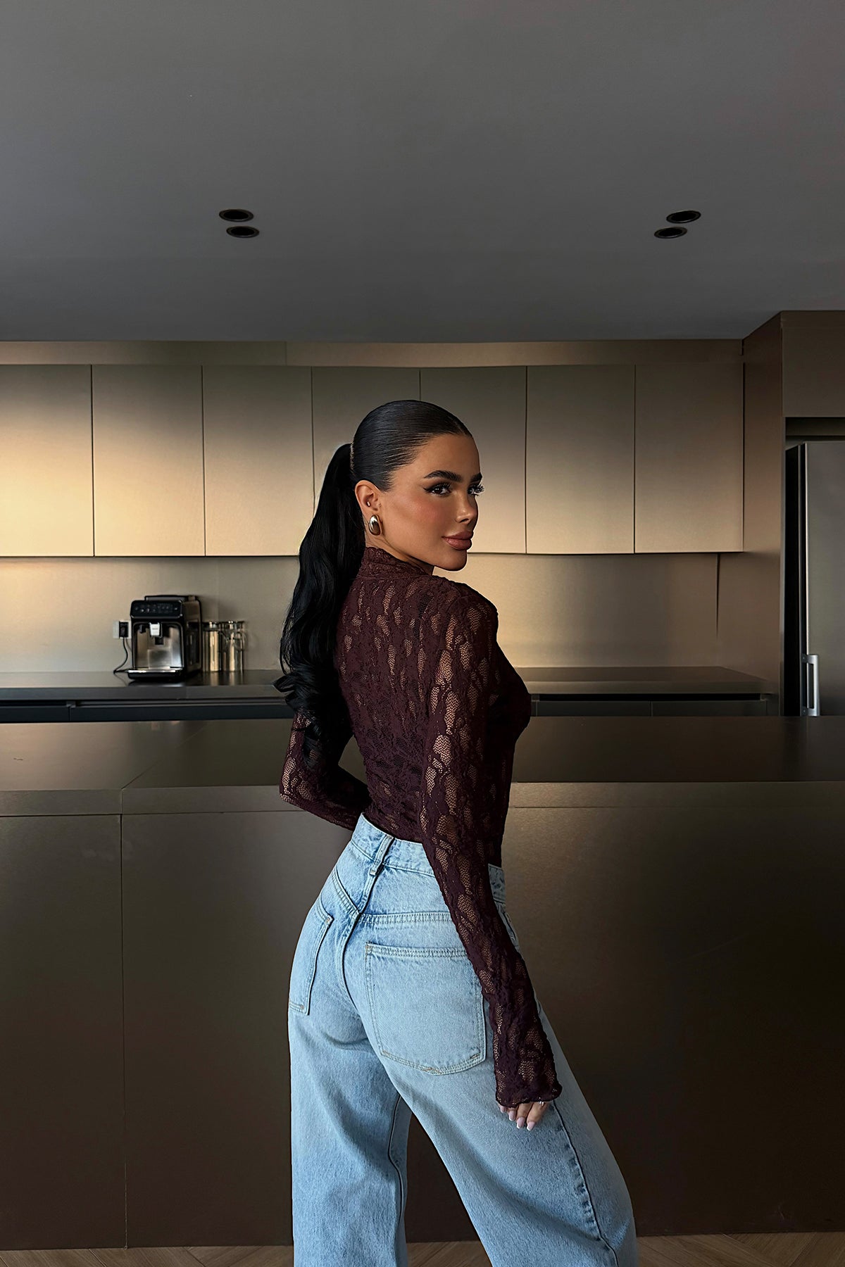 Burgundy Transparent Lace Blouse
