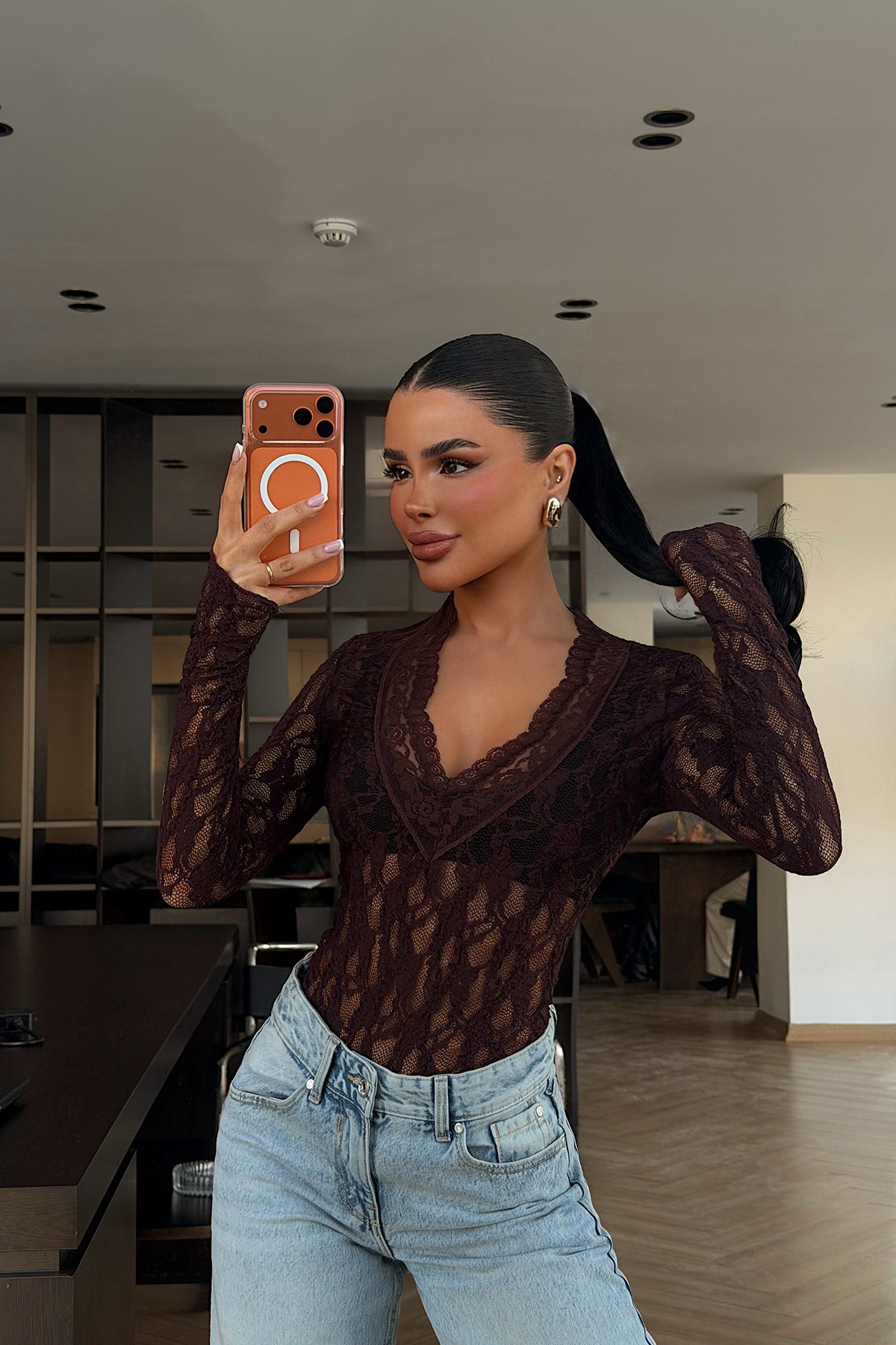 Burgundy Transparent Lace Blouse