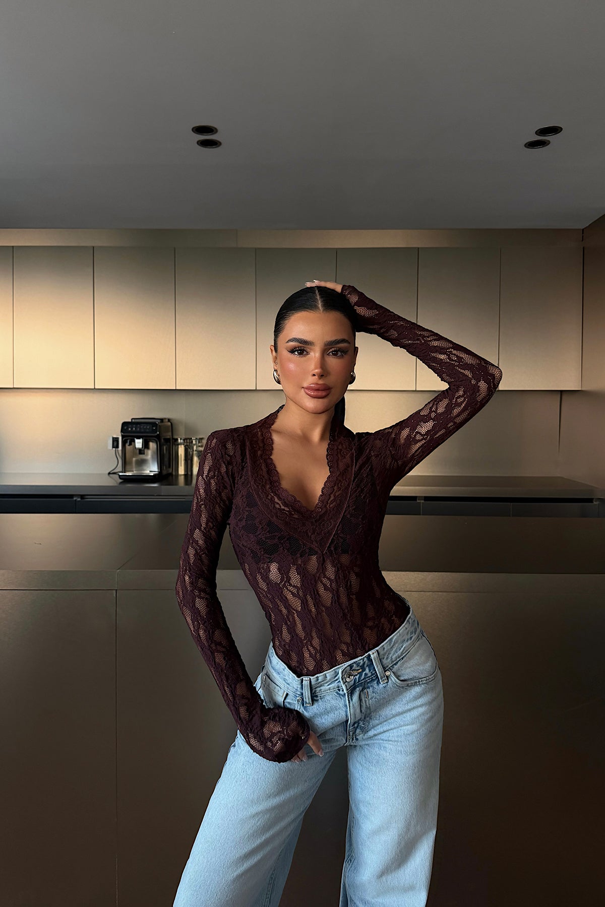 Burgundy Transparent Lace Blouse