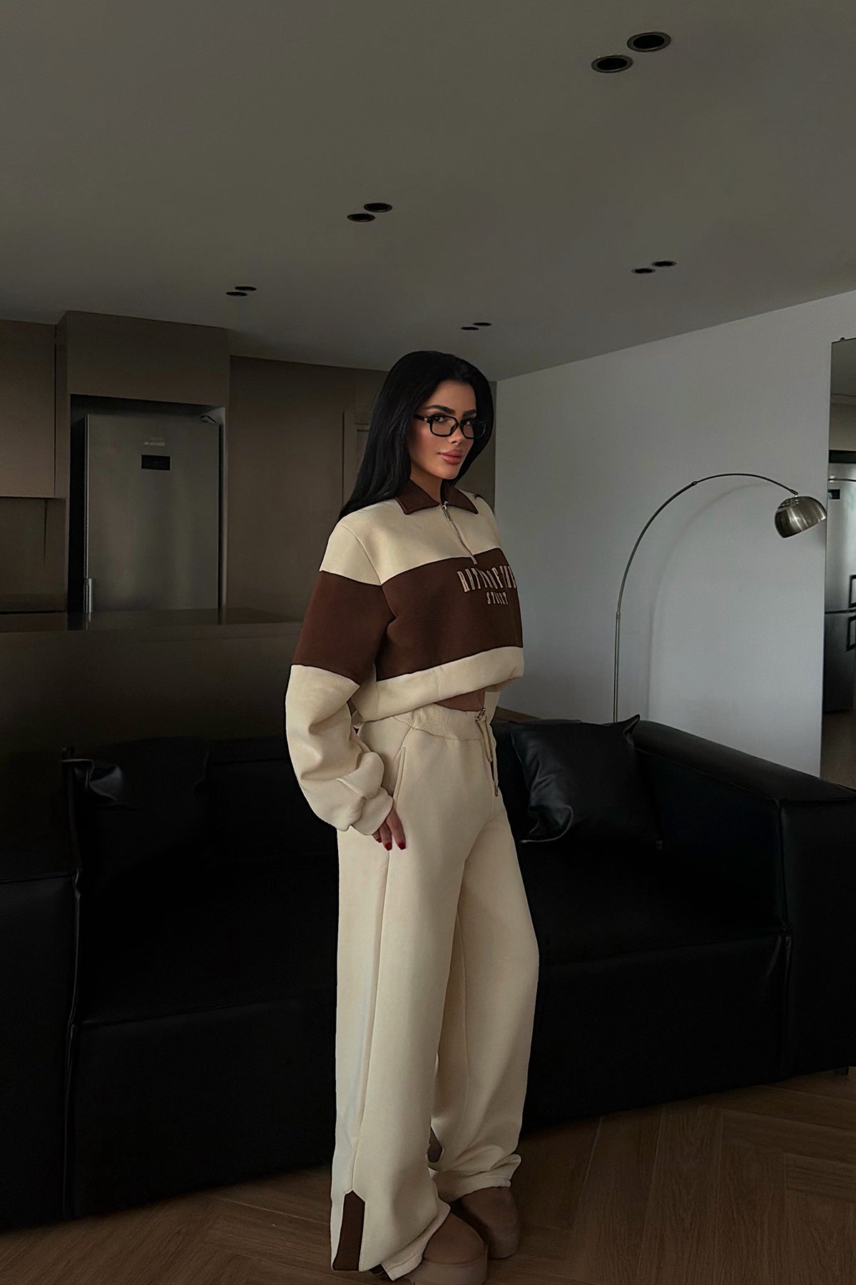 Cream Collar Detail Tracksuit Set
