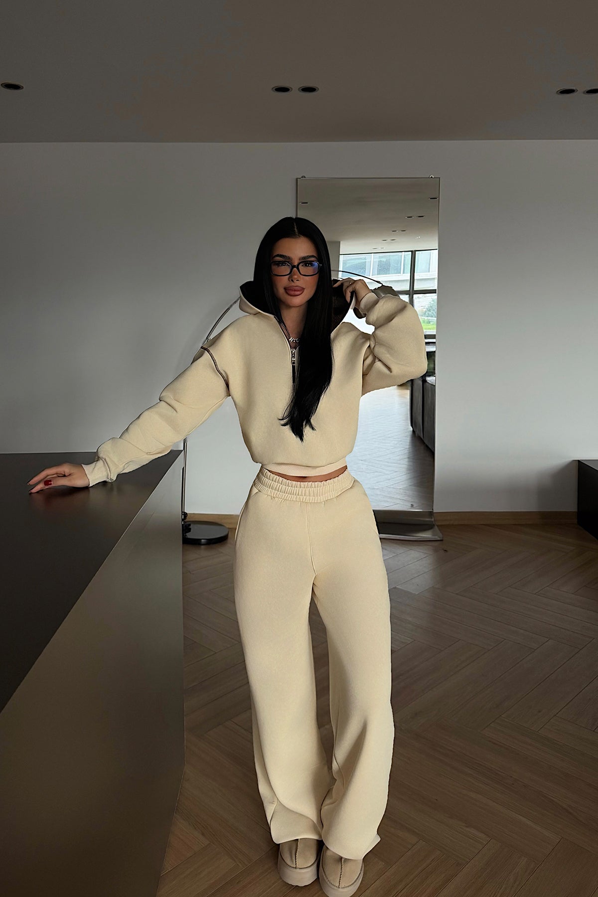 Cream Half-Zip Tracksuit Set