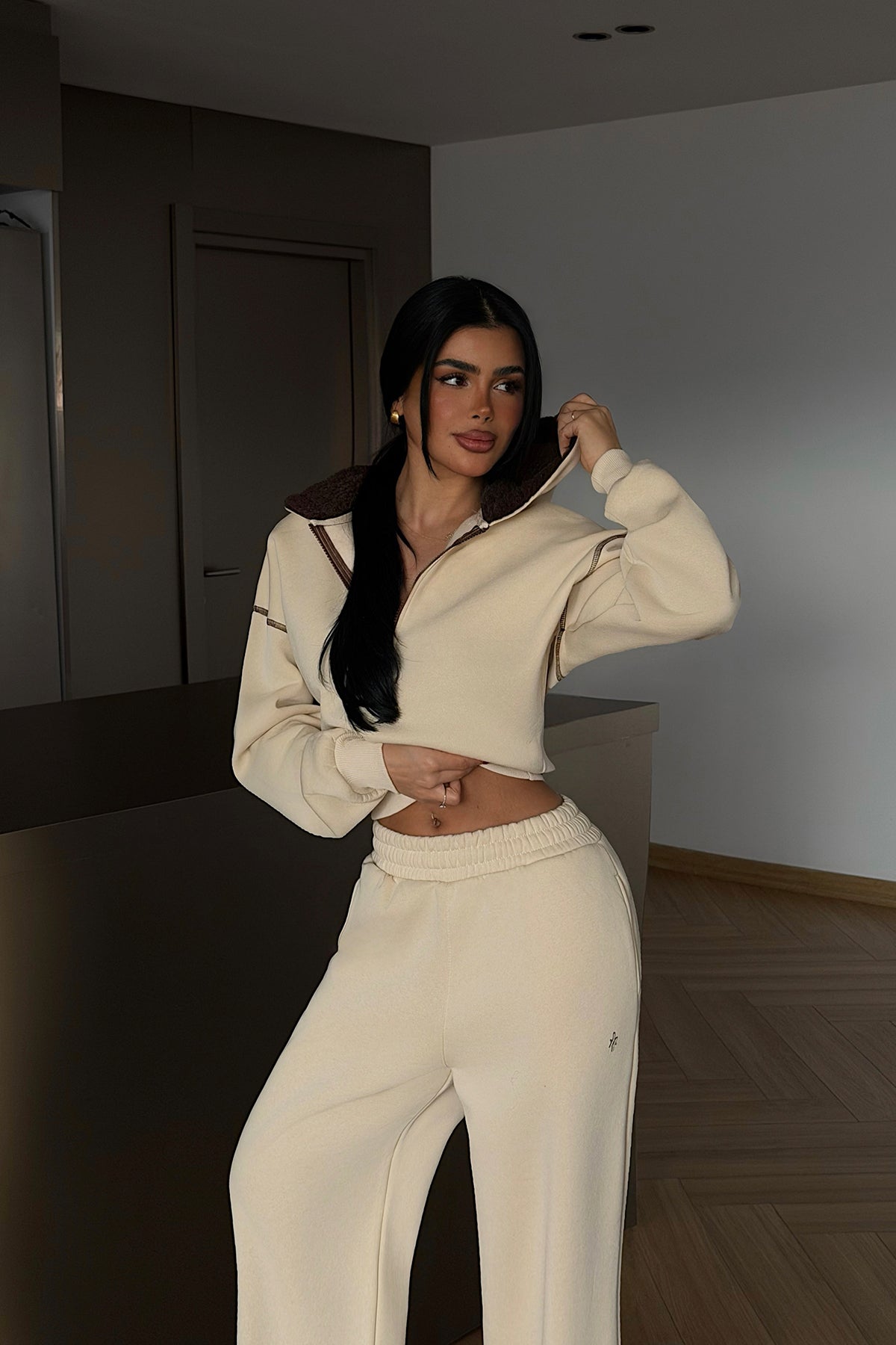 Cream Half-Zip Tracksuit Set