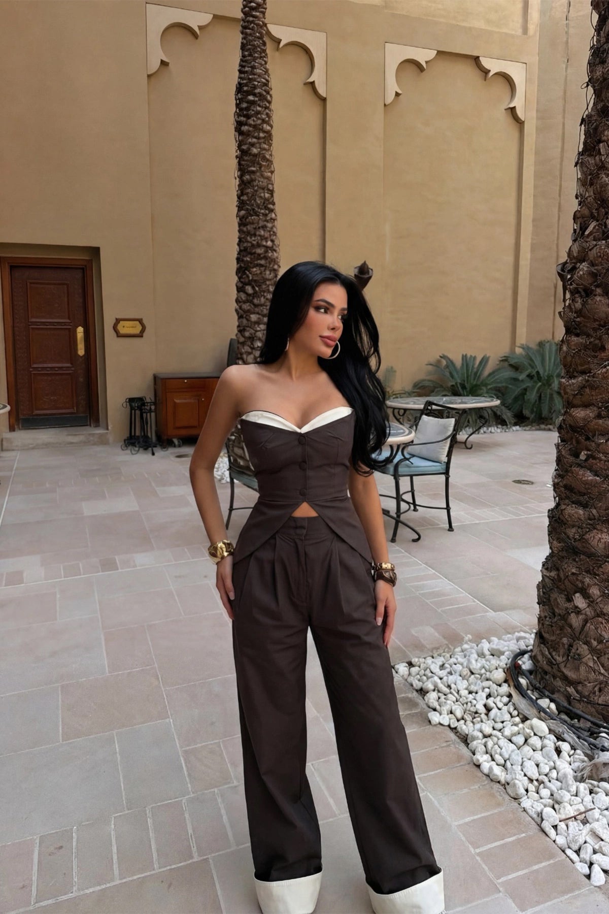 Dark Brown Crop Pants Set