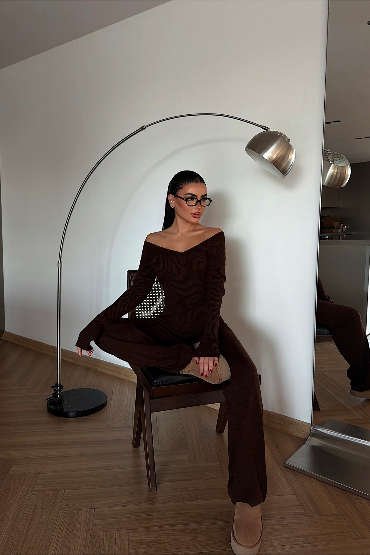 Dark Brown Off-Shoulder Knit Set