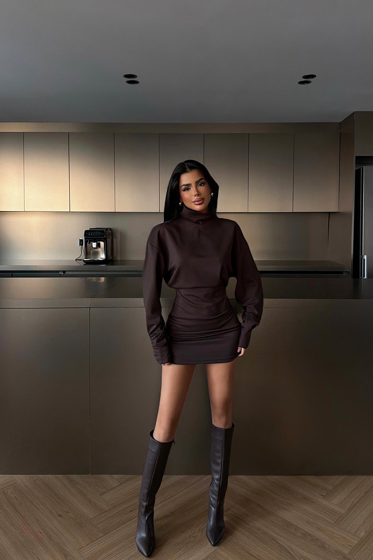 Dark Brown Turtleneck Mini Dress