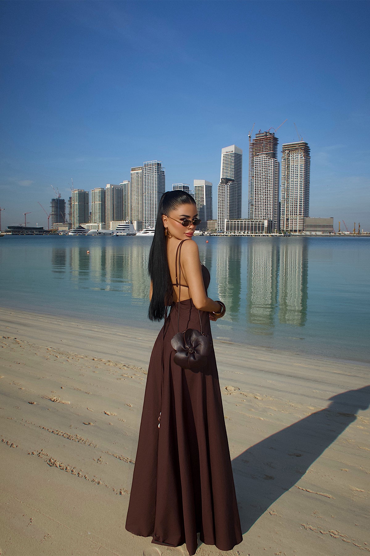 Dark Coffee Beaded Detail Dress
