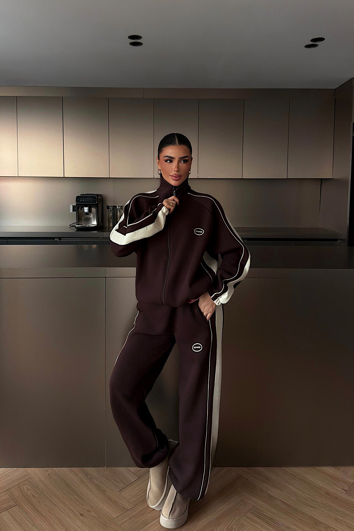 Dark Coffee Elevated Print Tracksuit Set