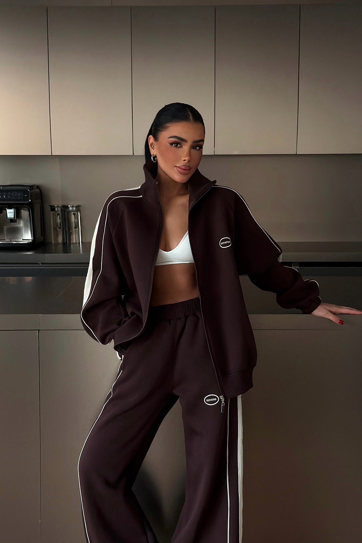 Dark Coffee Elevated Print Tracksuit Set