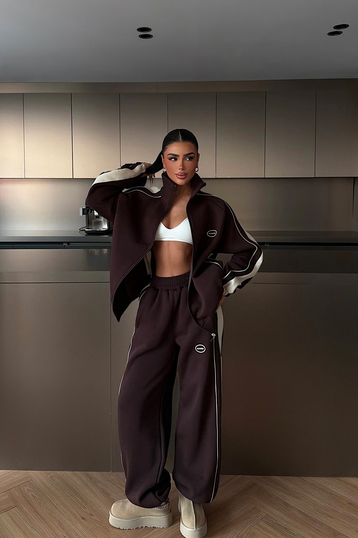 Dark Coffee Elevated Print Tracksuit Set