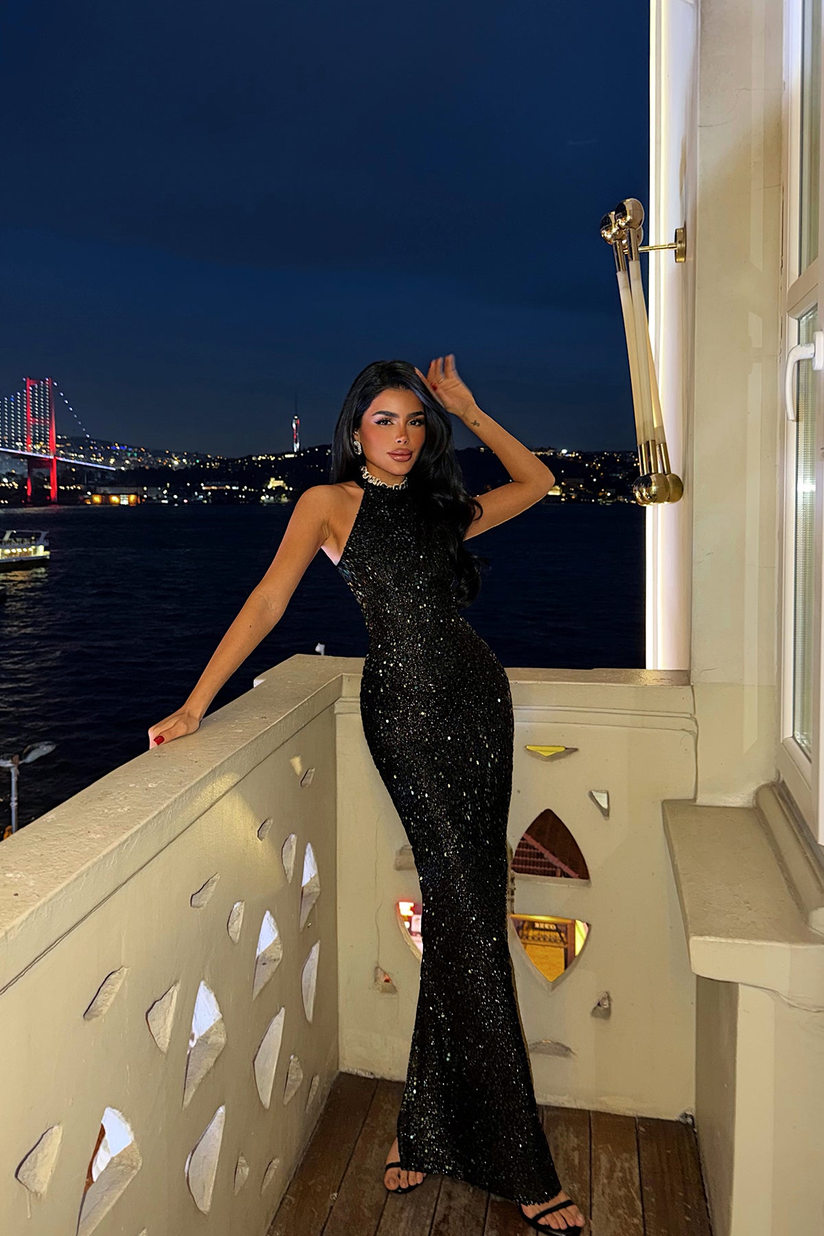 Green Sequin Detail Long Dress