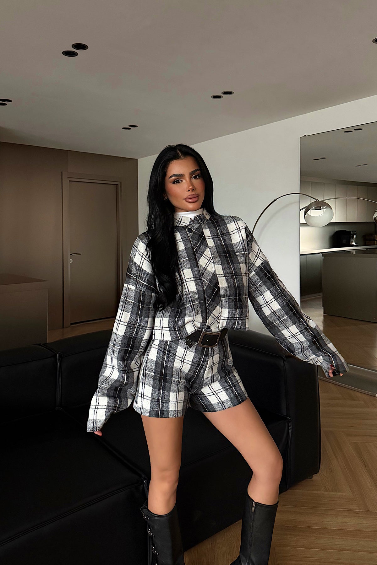 Grey Plaid Shorts Set