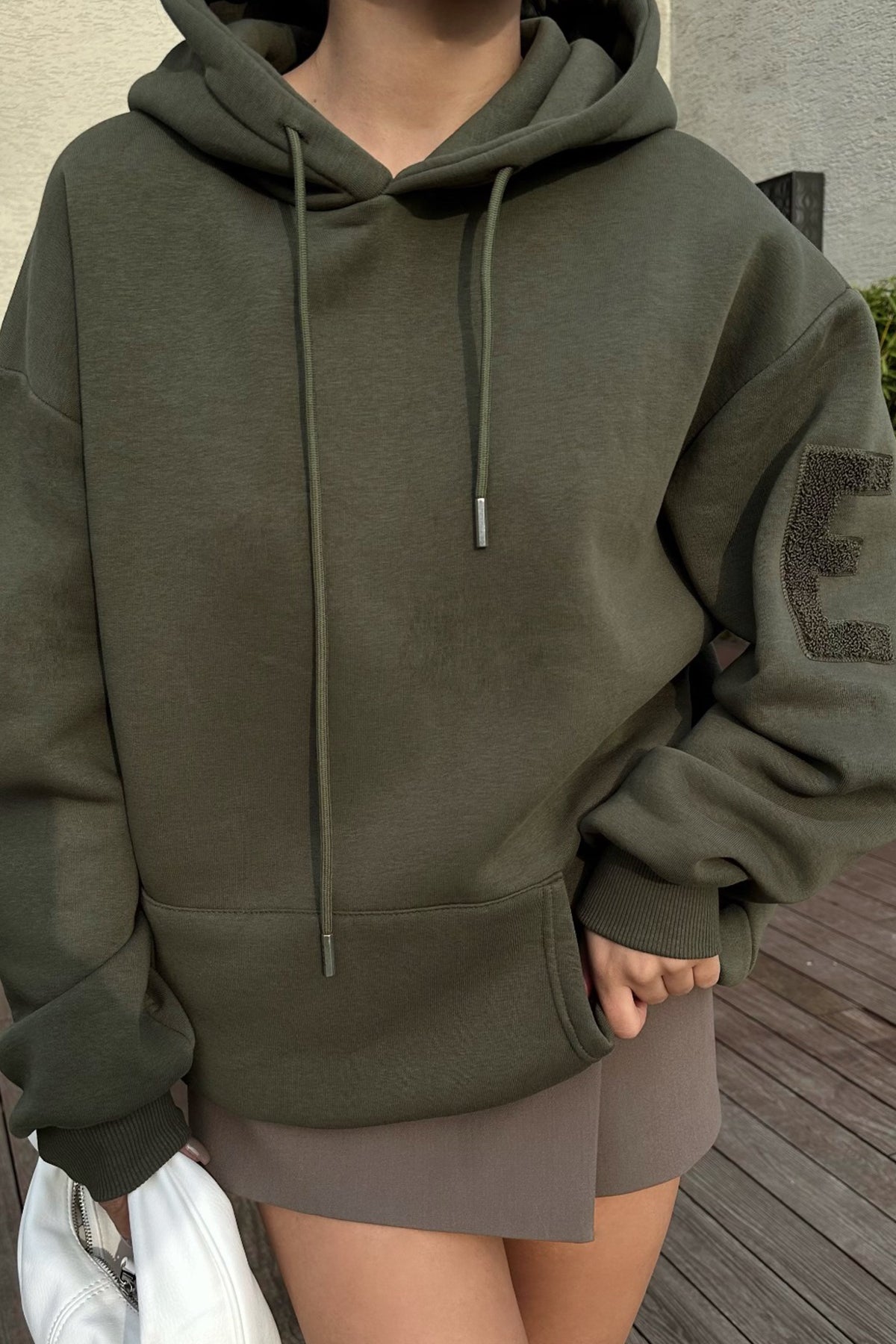 Khaki Hooded E Embroidered Sweat