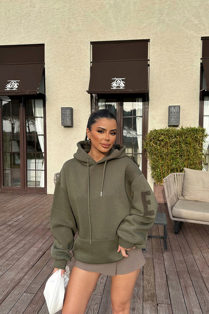 Khaki Hooded E Embroidered Sweat