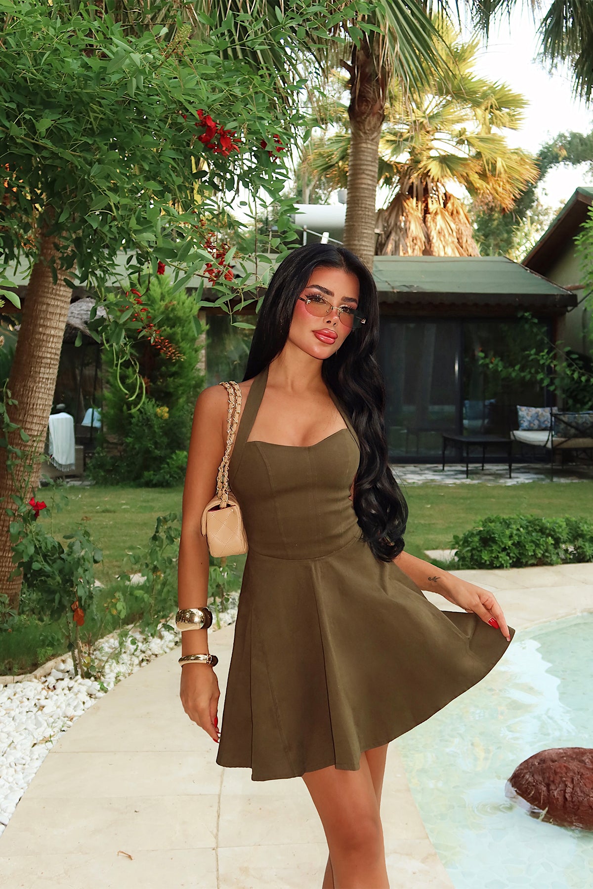Haki Sırt Detay Askılı Elbise 8