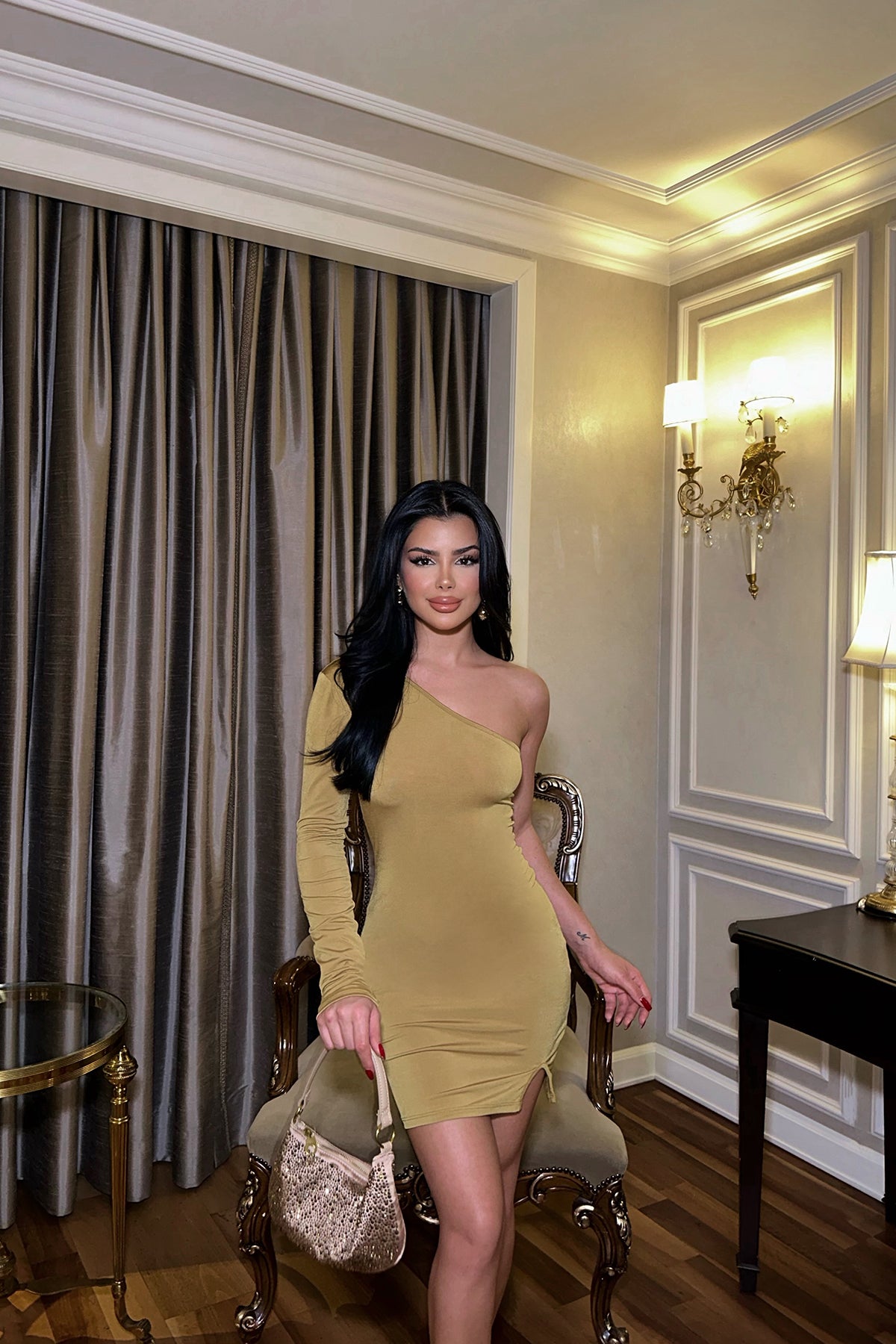 Mustard One Sleeve Mini Dress