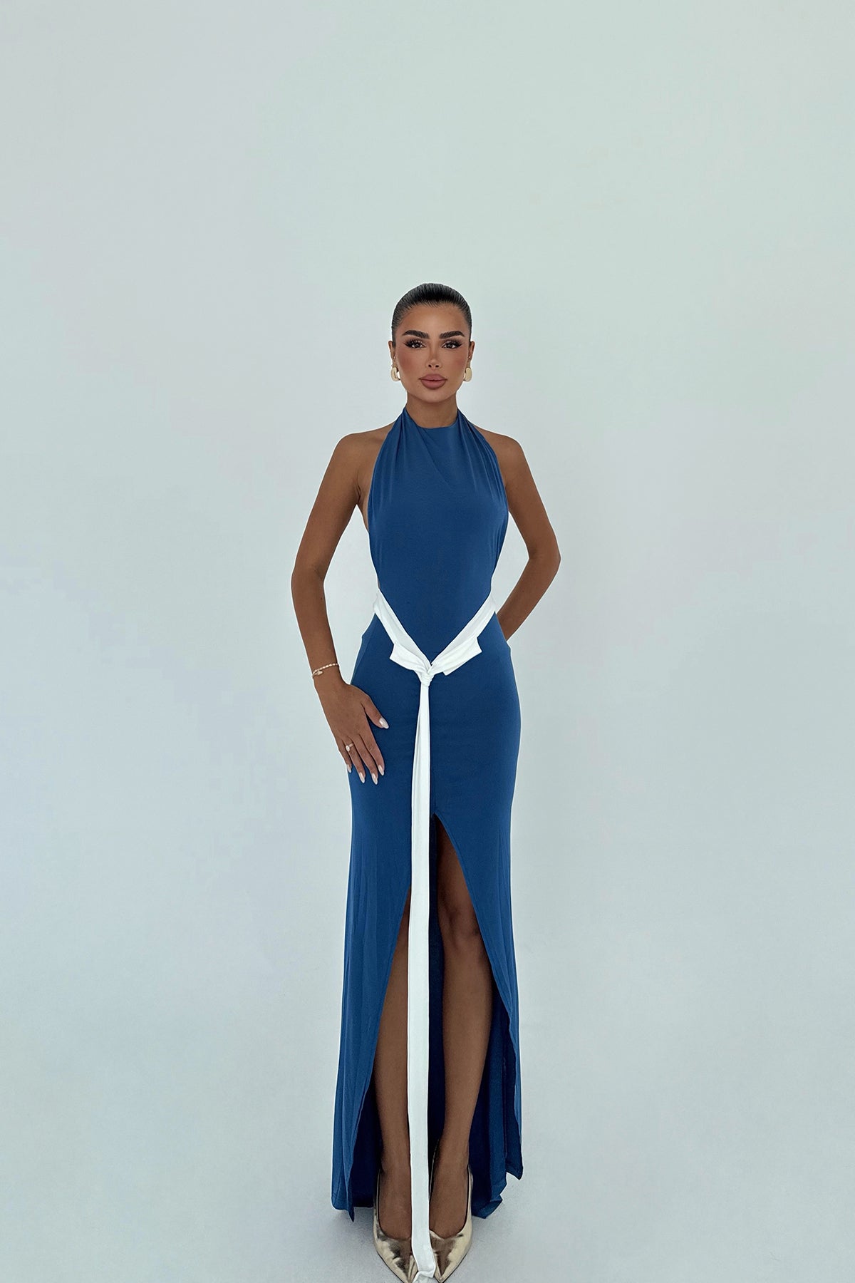 İndigo Giselle Fiyonk Detaylı Yırtmaçlı Elbise 20