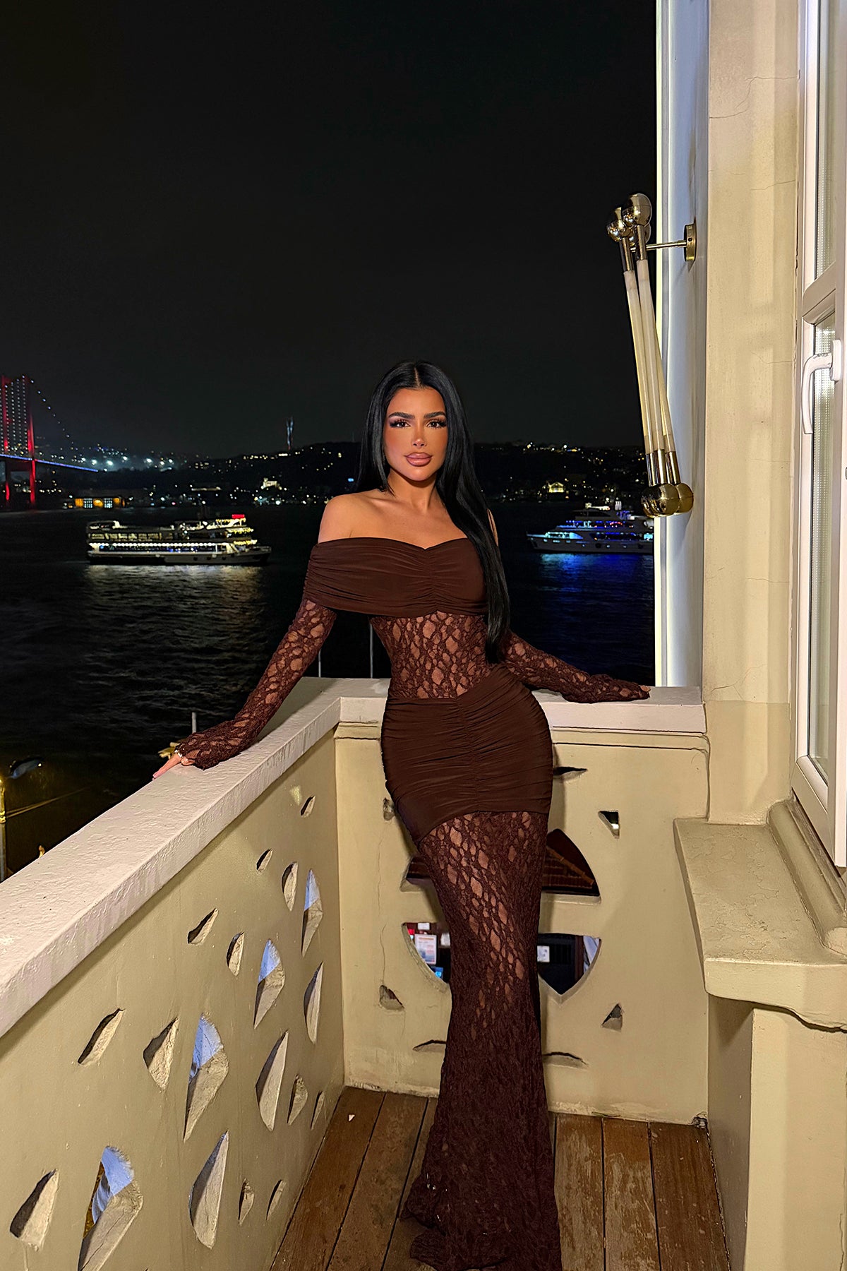 Kahverengi Ellodie Dantel Uzun Elbise 8