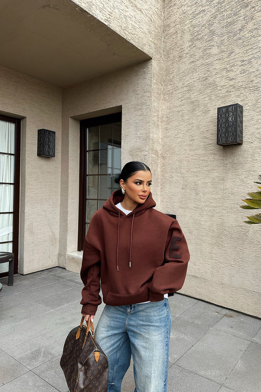 Brown Hooded E Embroidered Sweat