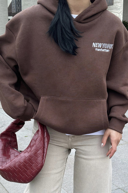 Brown New York Printed Hooded Sweater