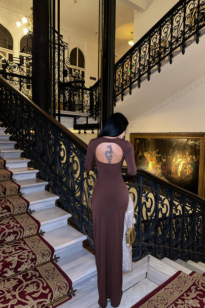 Brown Back Detail Long Dress