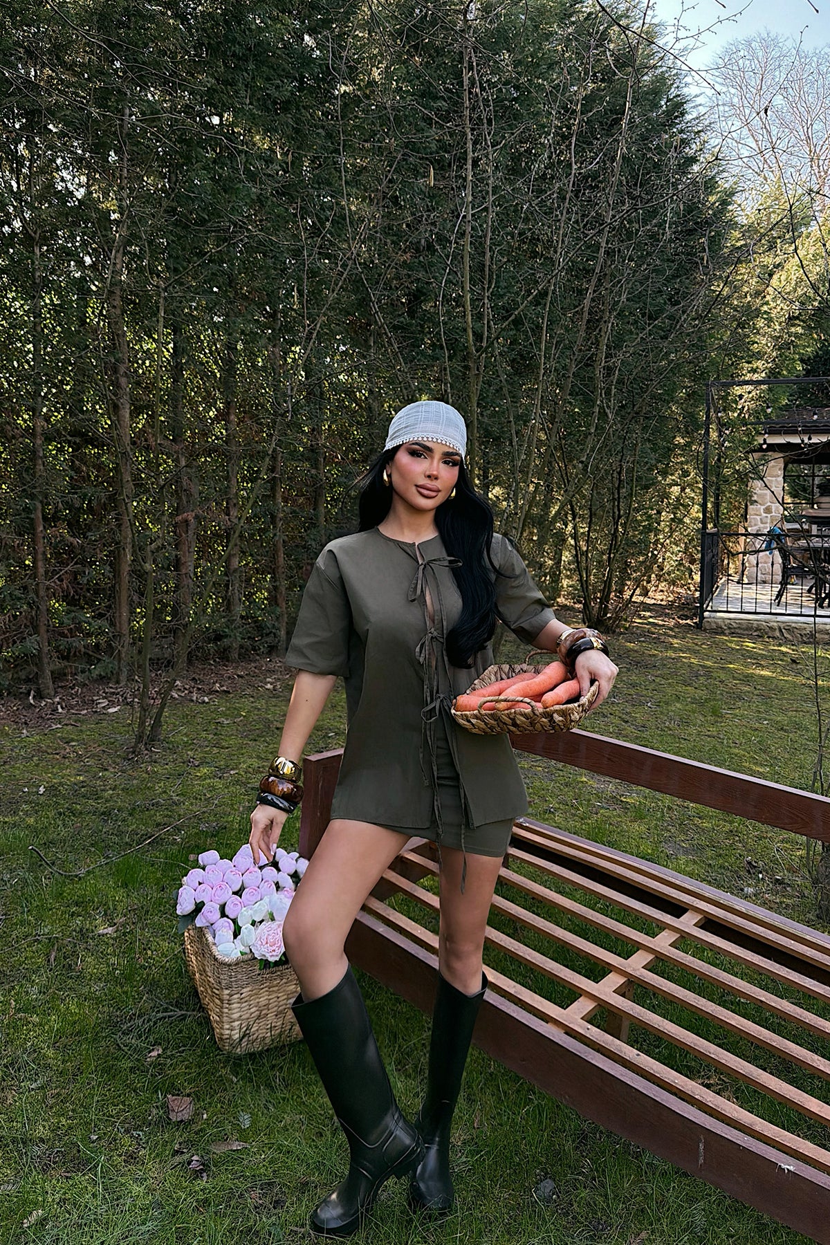 Khaki Skirt Set with Tie Detail