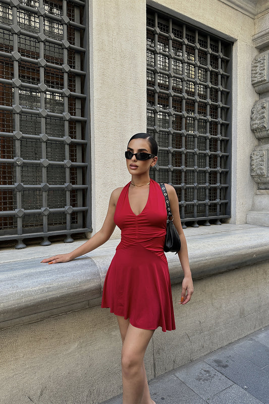 Red Back Detail Tie Mini Dress