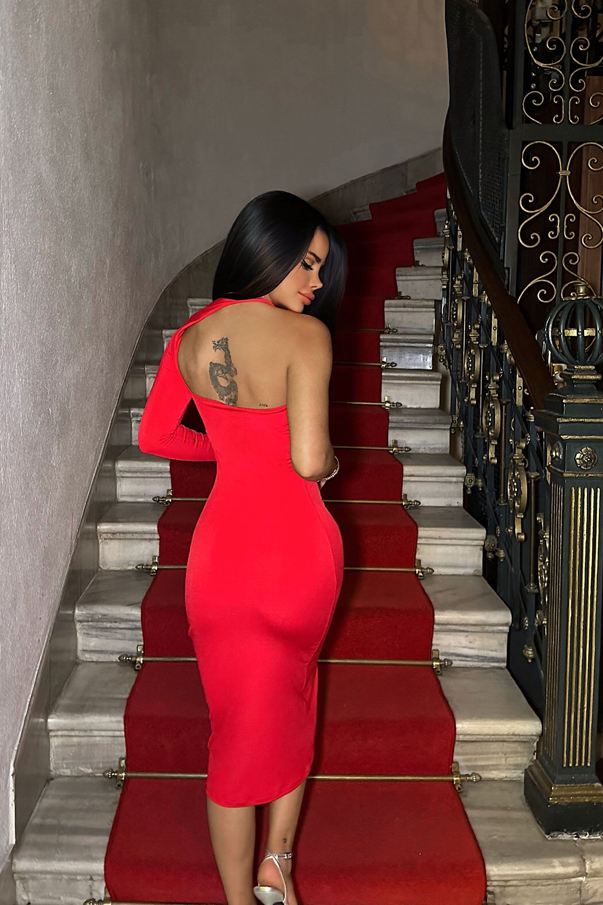 Red Single Sleeve Back Detail Dress