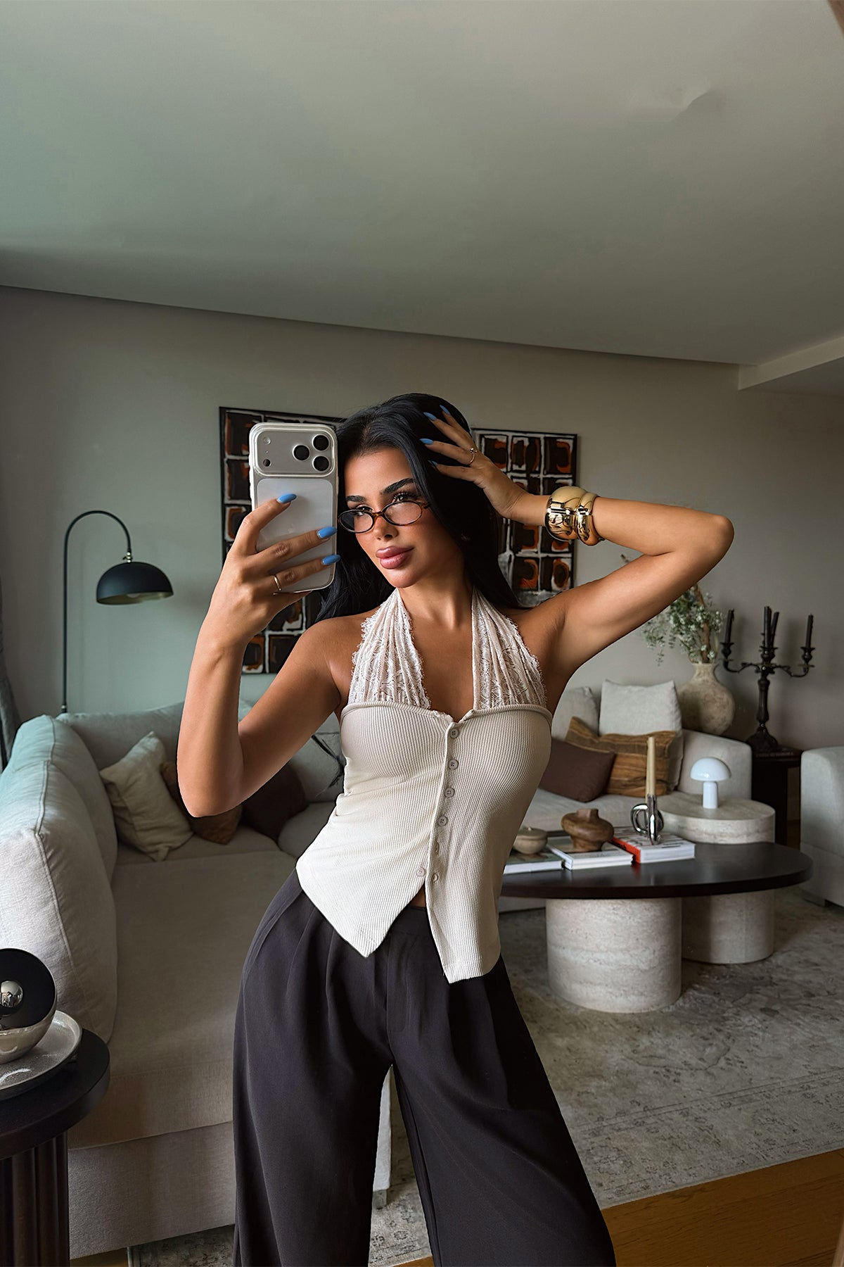 Krem Bağlamalı Dantel Detay Crop Top 12
