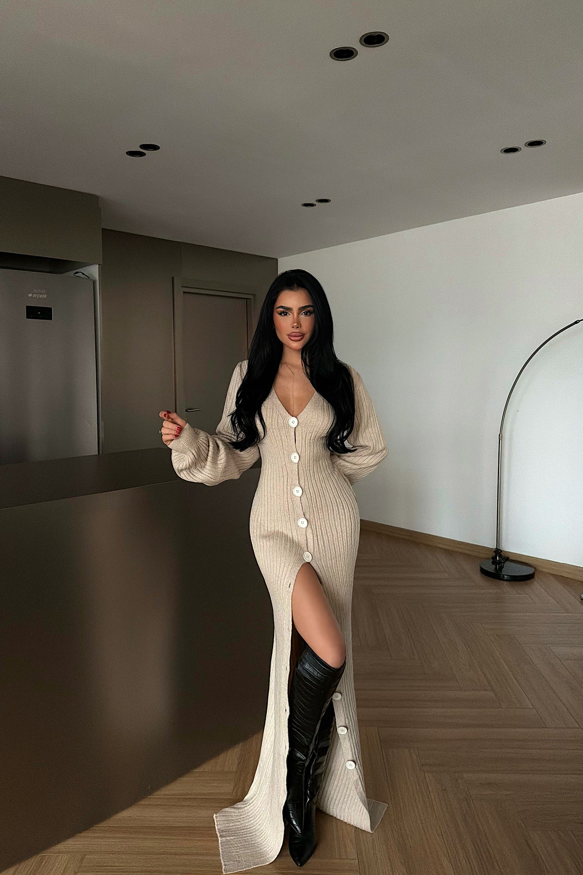Krem Ophelie Triko Elbise 4