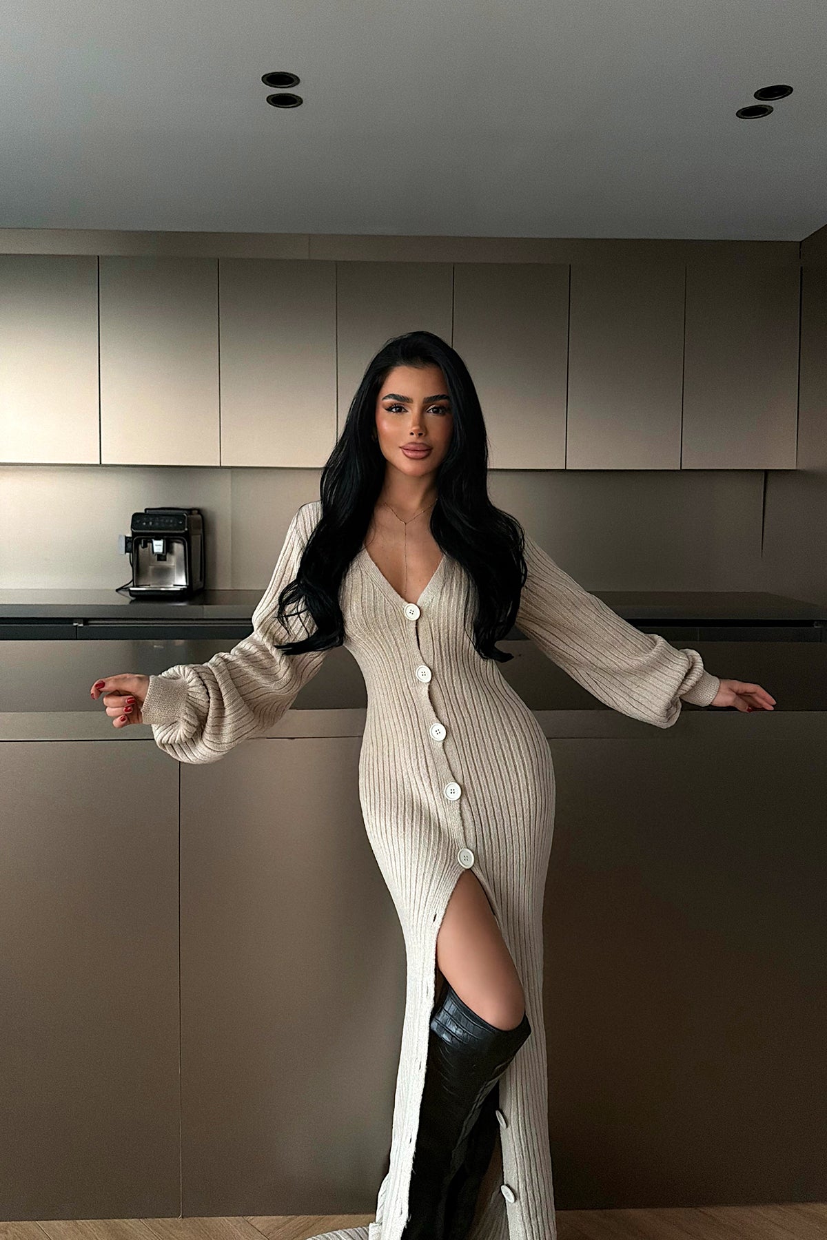 Krem Ophelie Triko Elbise 8