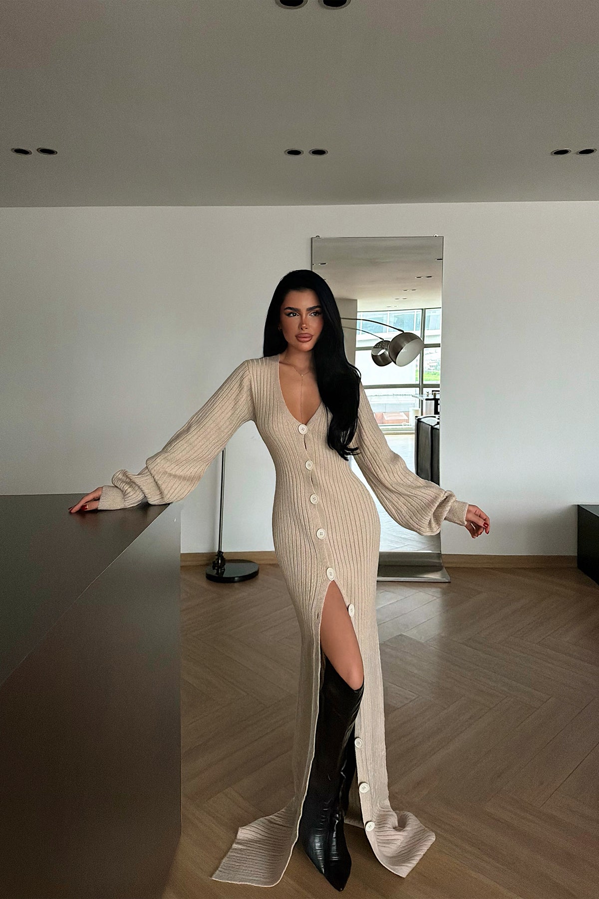 Krem Ophelie Triko Elbise 12