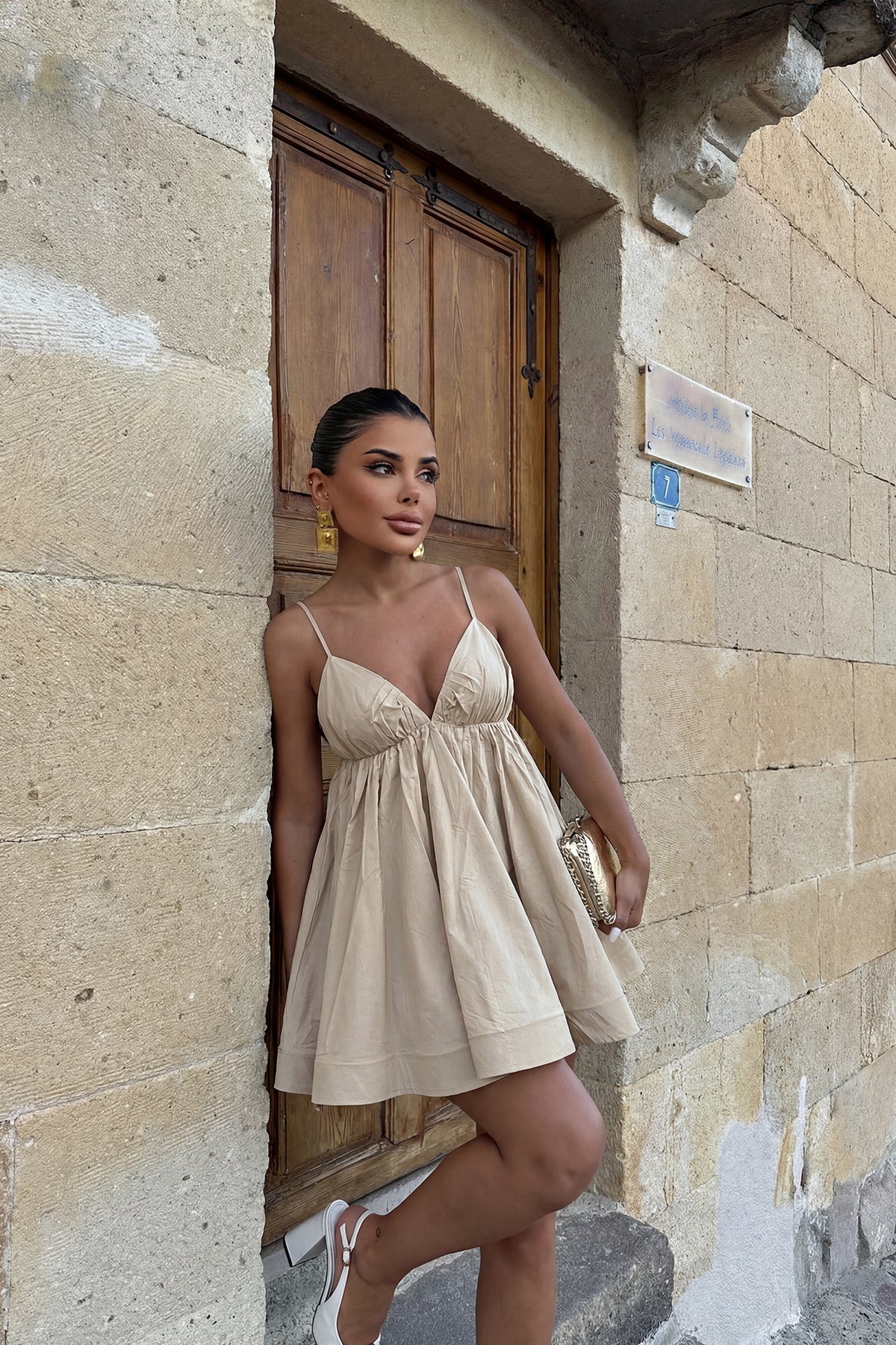 Krem Askılı Mini Elbise ATE3562 8