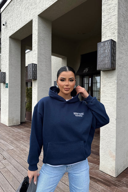 Lacivert New York Yazılı Kapşonlu Sweat