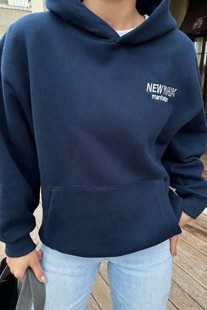 Lacivert New York Yazılı Kapşonlu Sweat