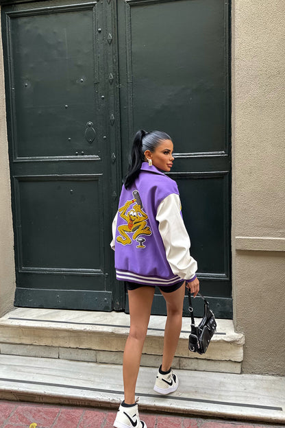 Purple Front Printed College Jacket