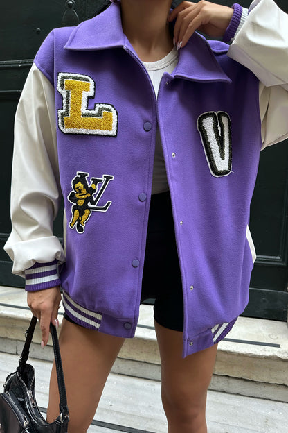 Purple Front Printed College Jacket