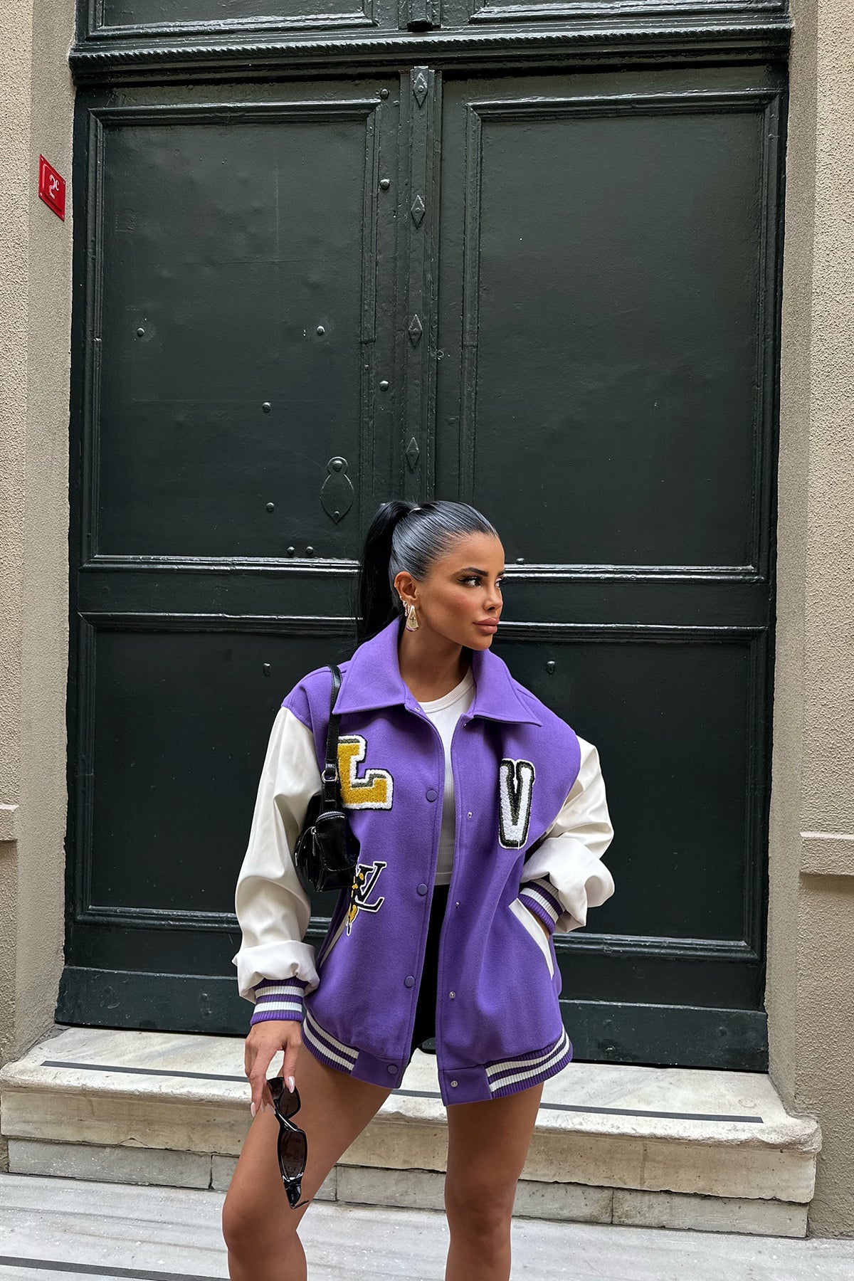 Purple Front Printed College Jacket