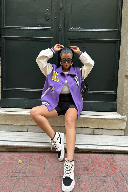 Purple Front Printed College Jacket