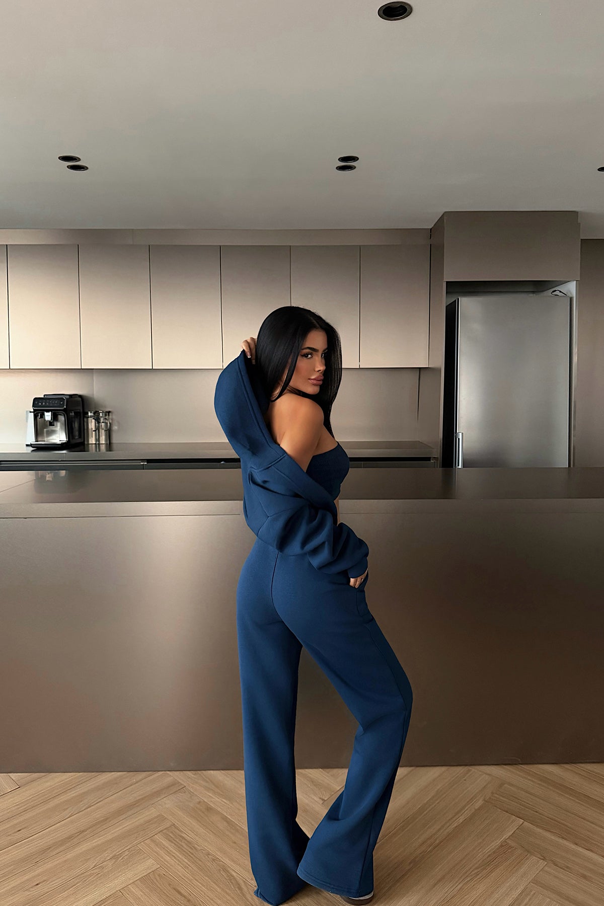 Navy Blue Hooded Three-Piece Set