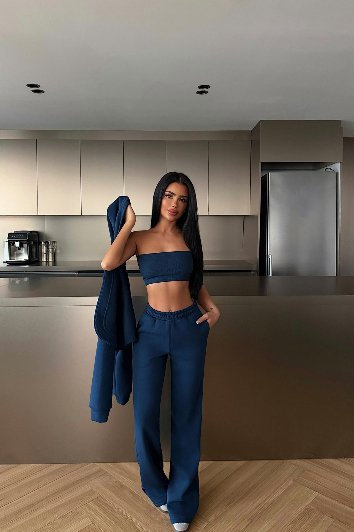 Navy Blue Hooded Three-Piece Set