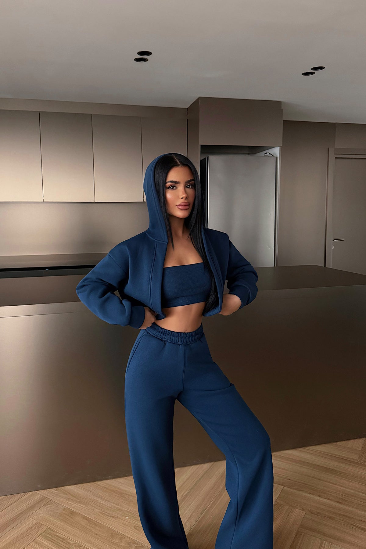 Navy Blue Hooded Three-Piece Set