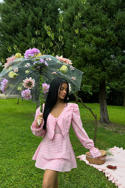 Pink Gingham Pattern Mini Dress