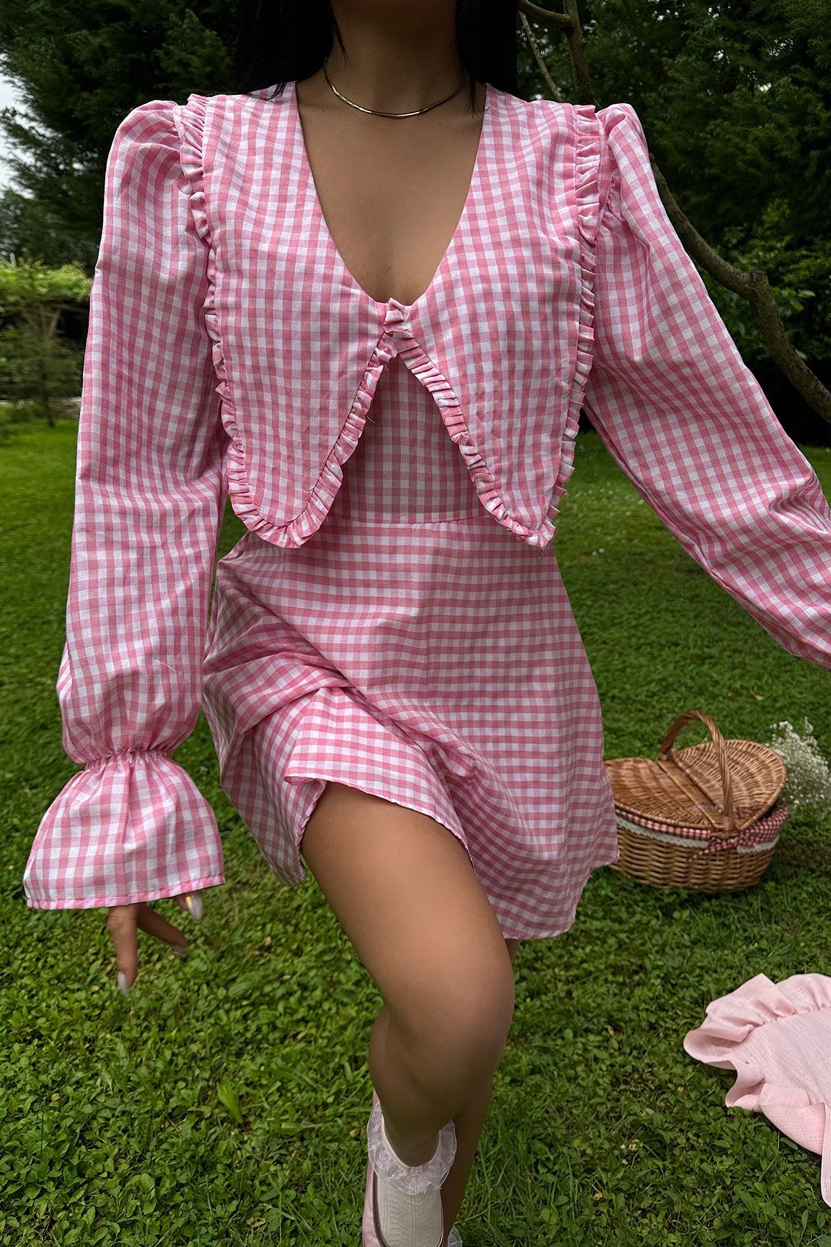 Pink Gingham Pattern Mini Dress