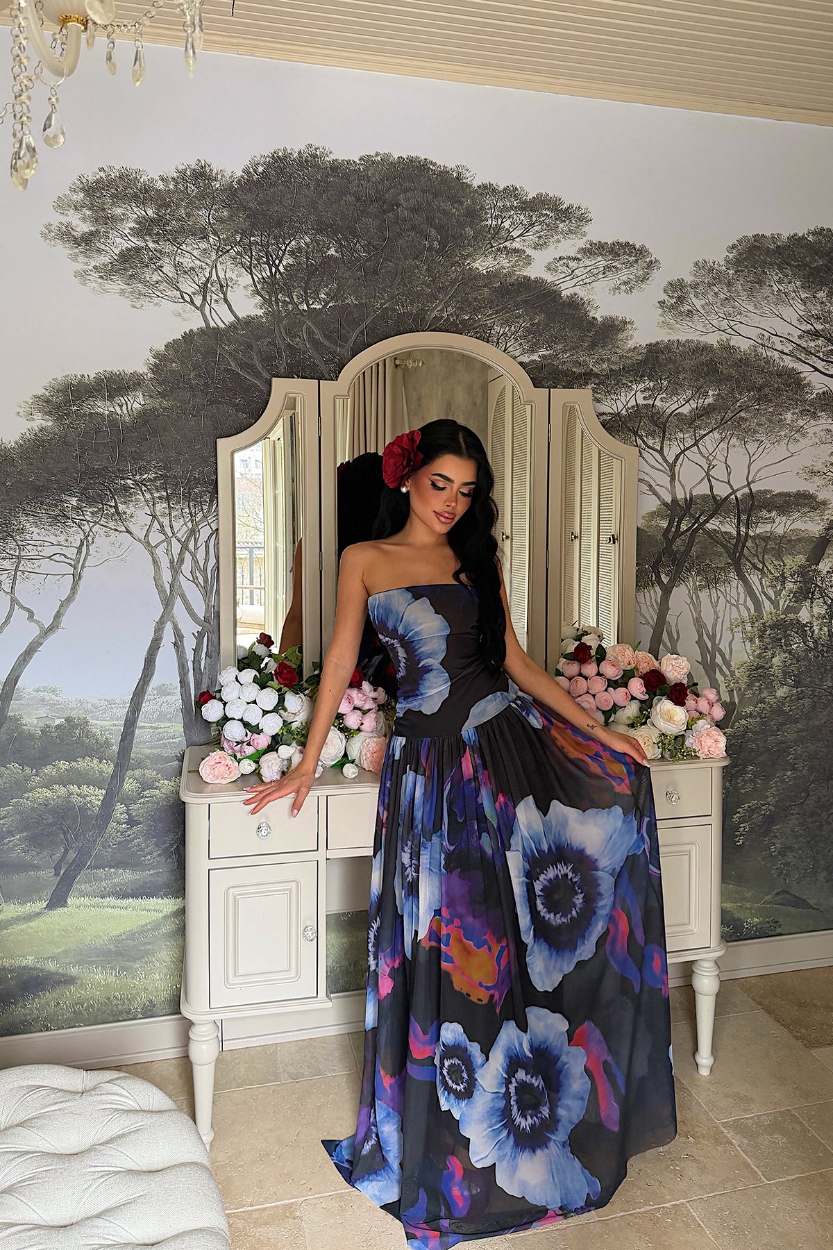 Purple Batik Pattern Strappy Long Dress