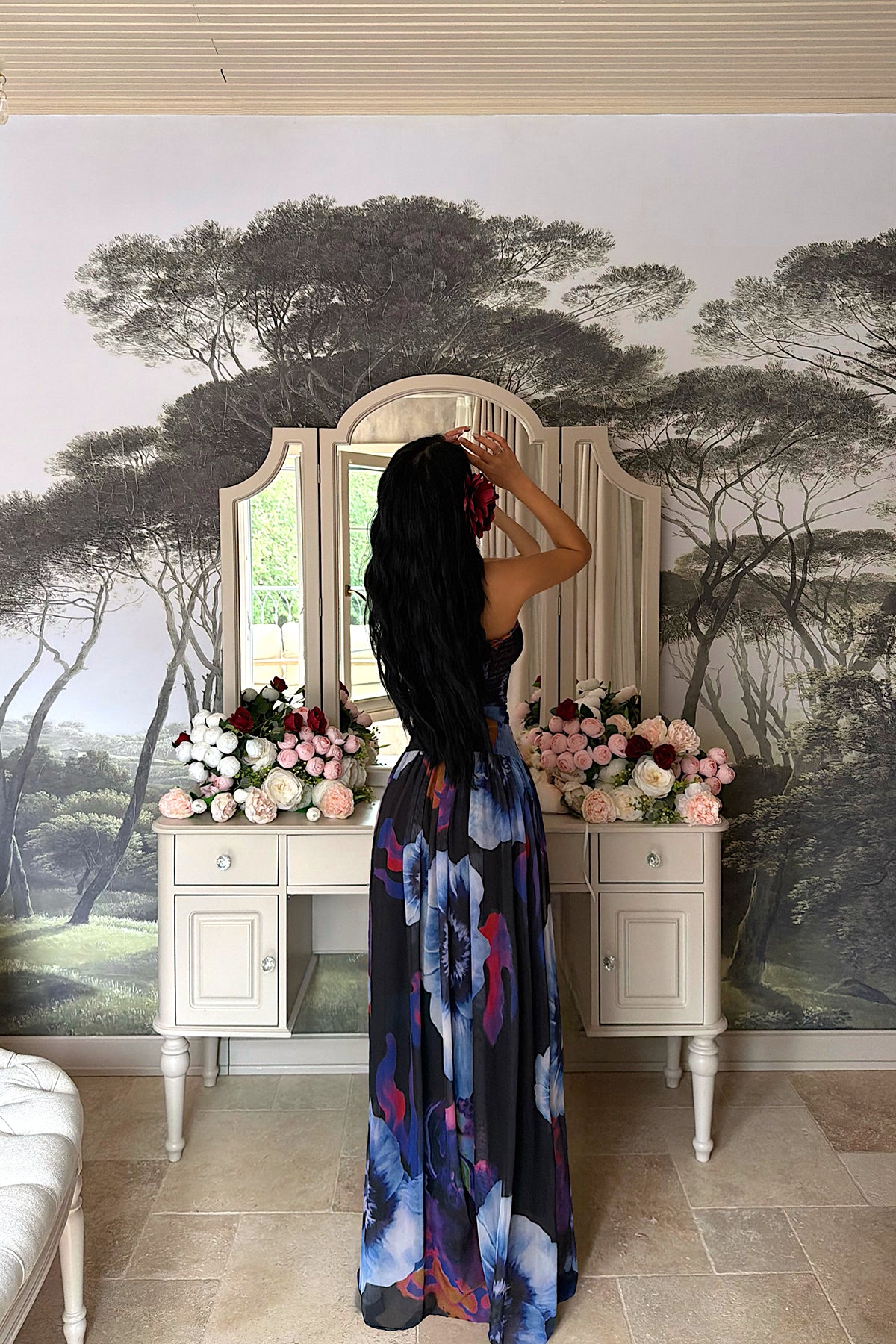 Purple Batik Pattern Strappy Long Dress