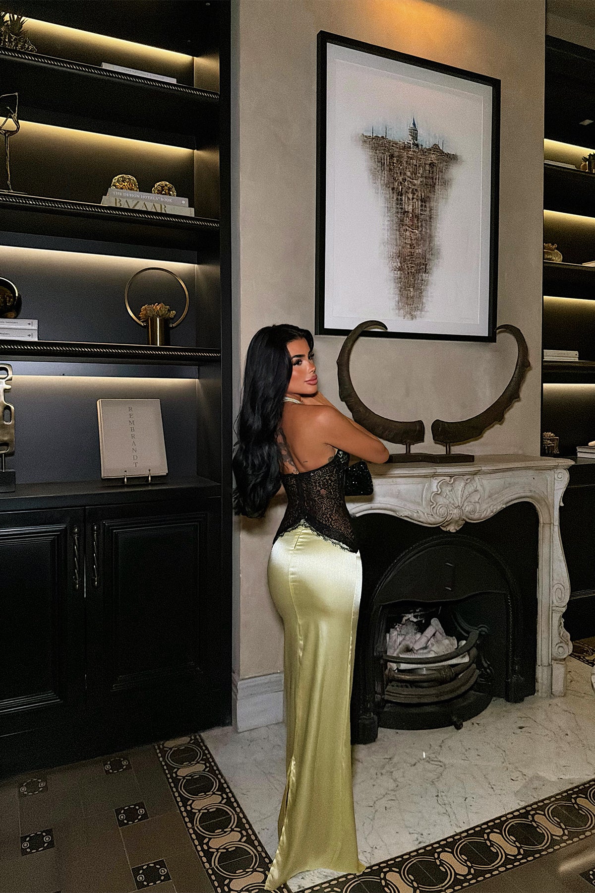Sarı Dantel Detay Saten Elbise 16