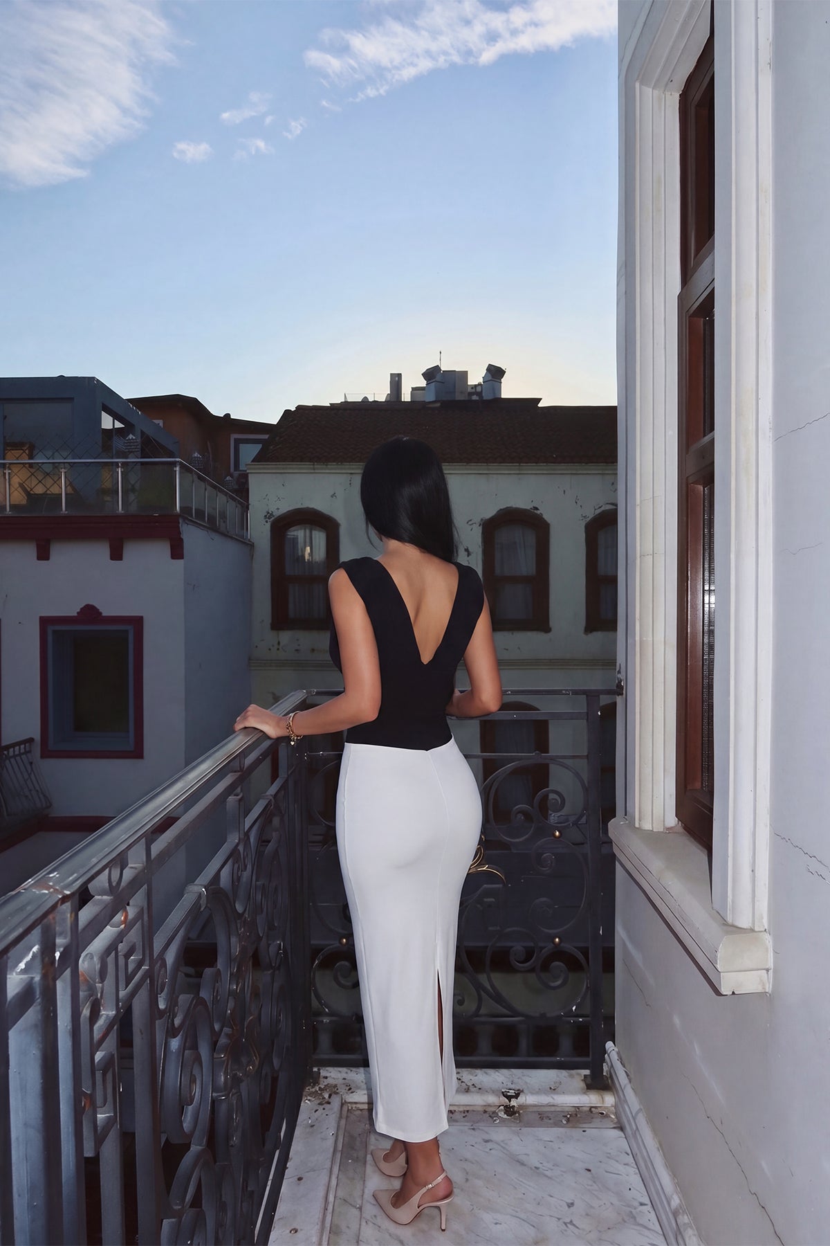 Siyah Çift Renk Midi Elbise 12
