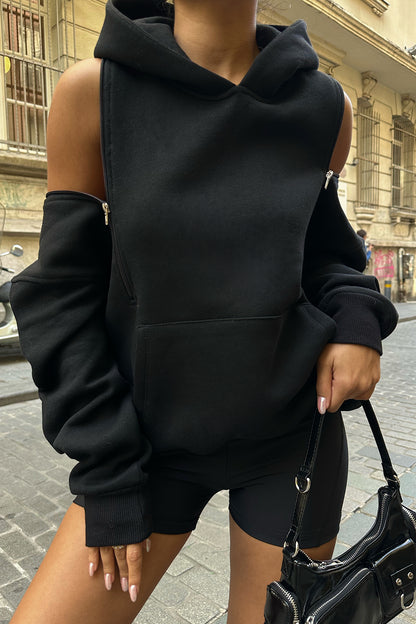 Black Hooded Zipper Detail Sweat